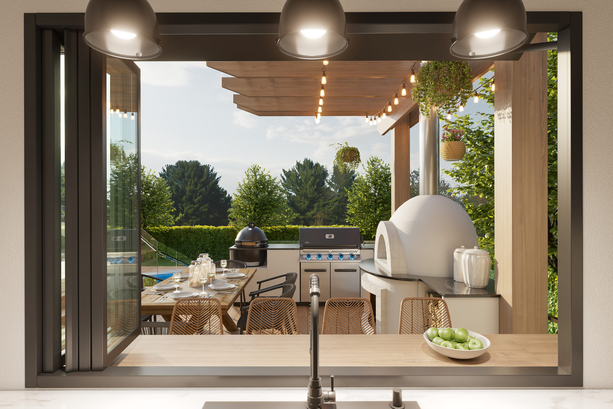 Close-up view of outdoor kitchen with pizza oven, grill and smoker.