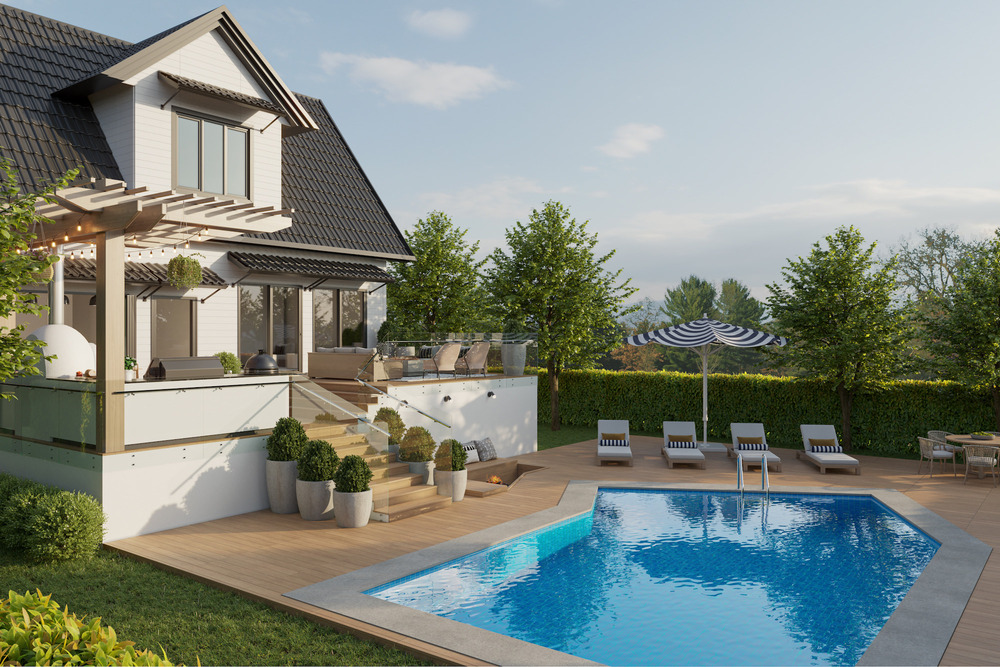 Outdoor deck with swimming pool and pool chairs