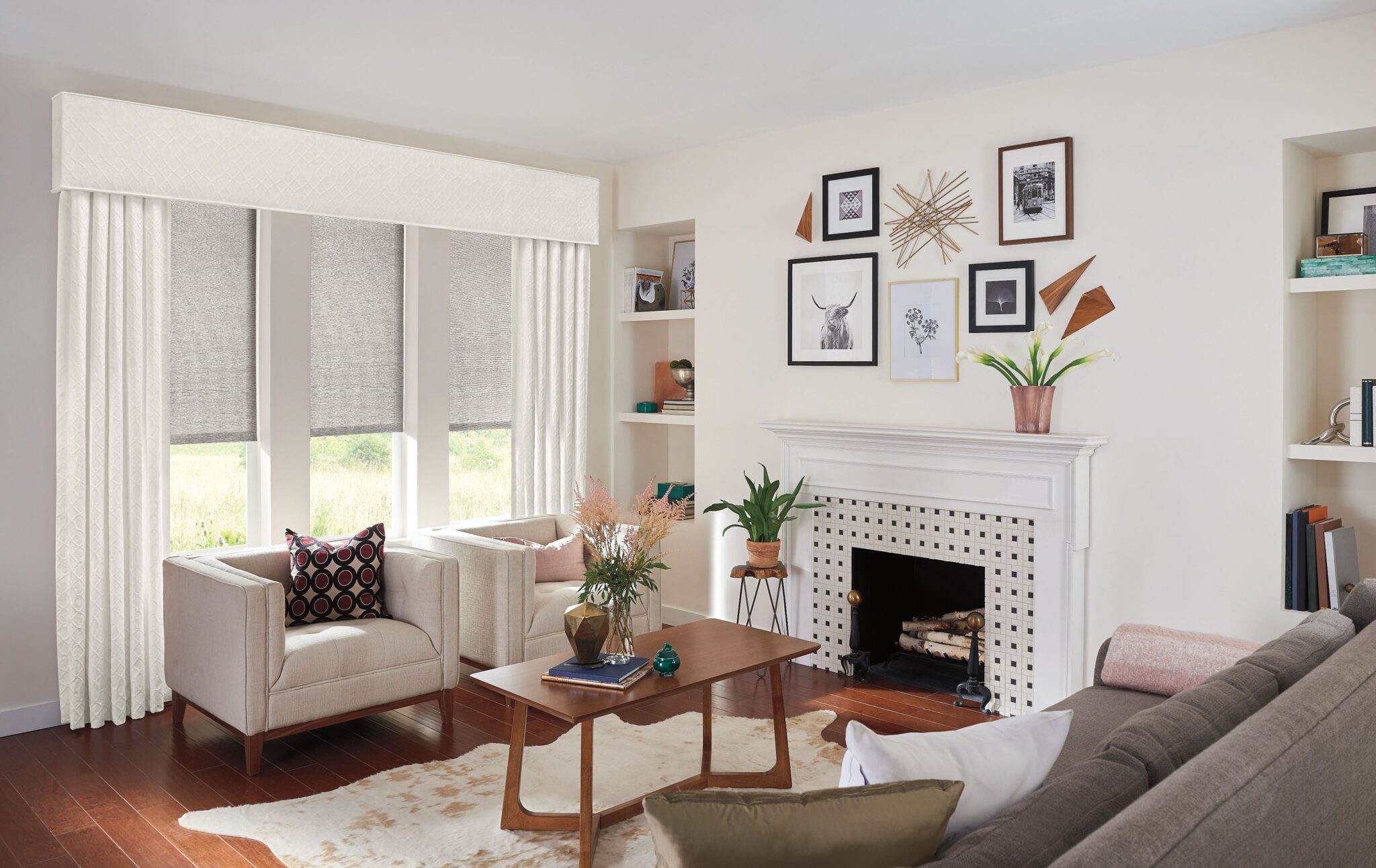 A modern living room with fireplace, brown center table, white curtain, couch, and carpet