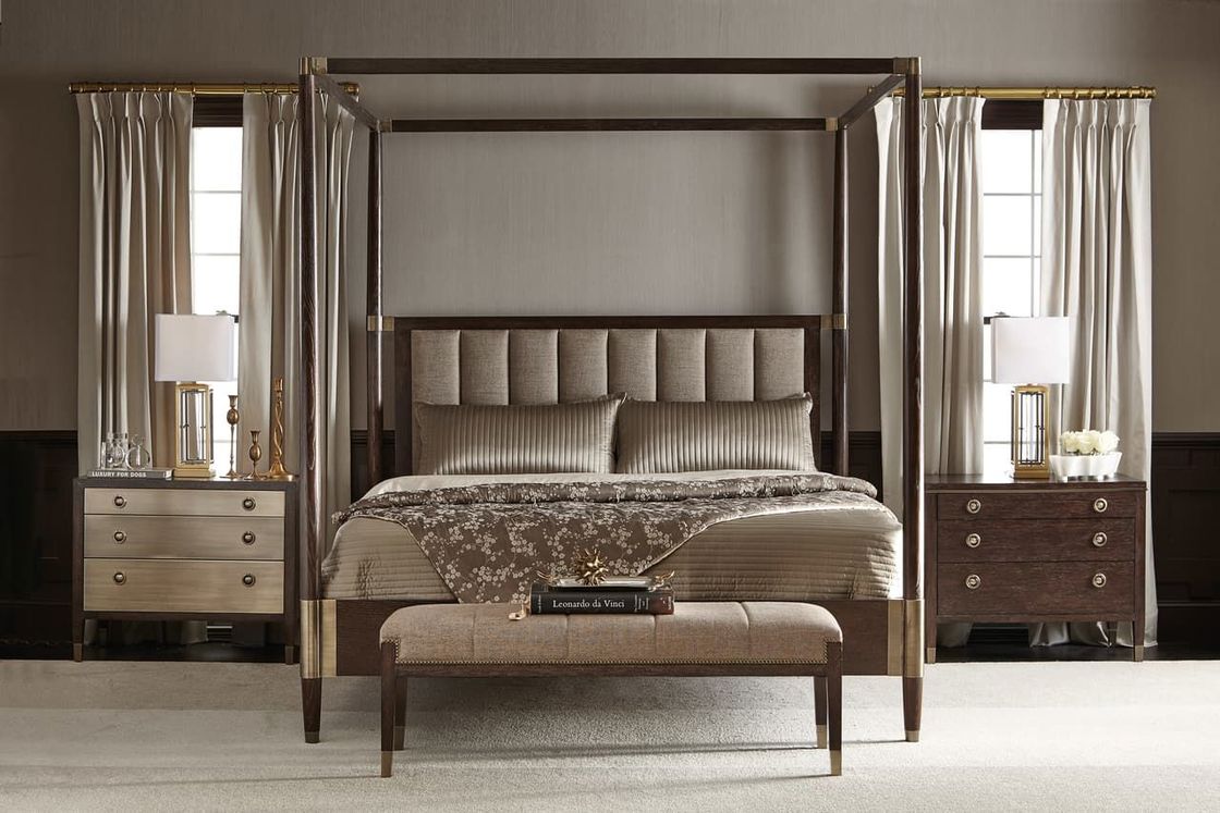 Glossy copper colored bedroom with bed frames and matching night stands on both sides