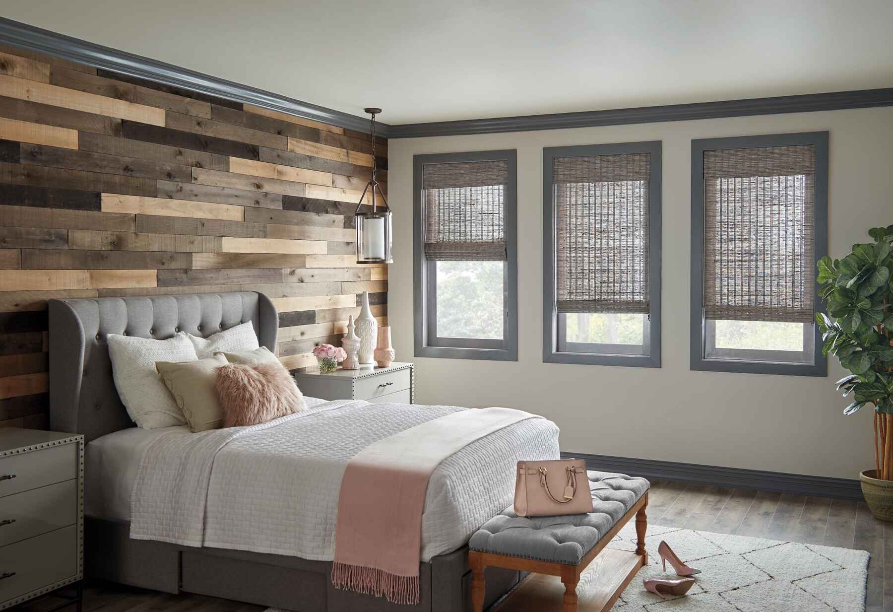 Bedroom with gray accents and textured walls
