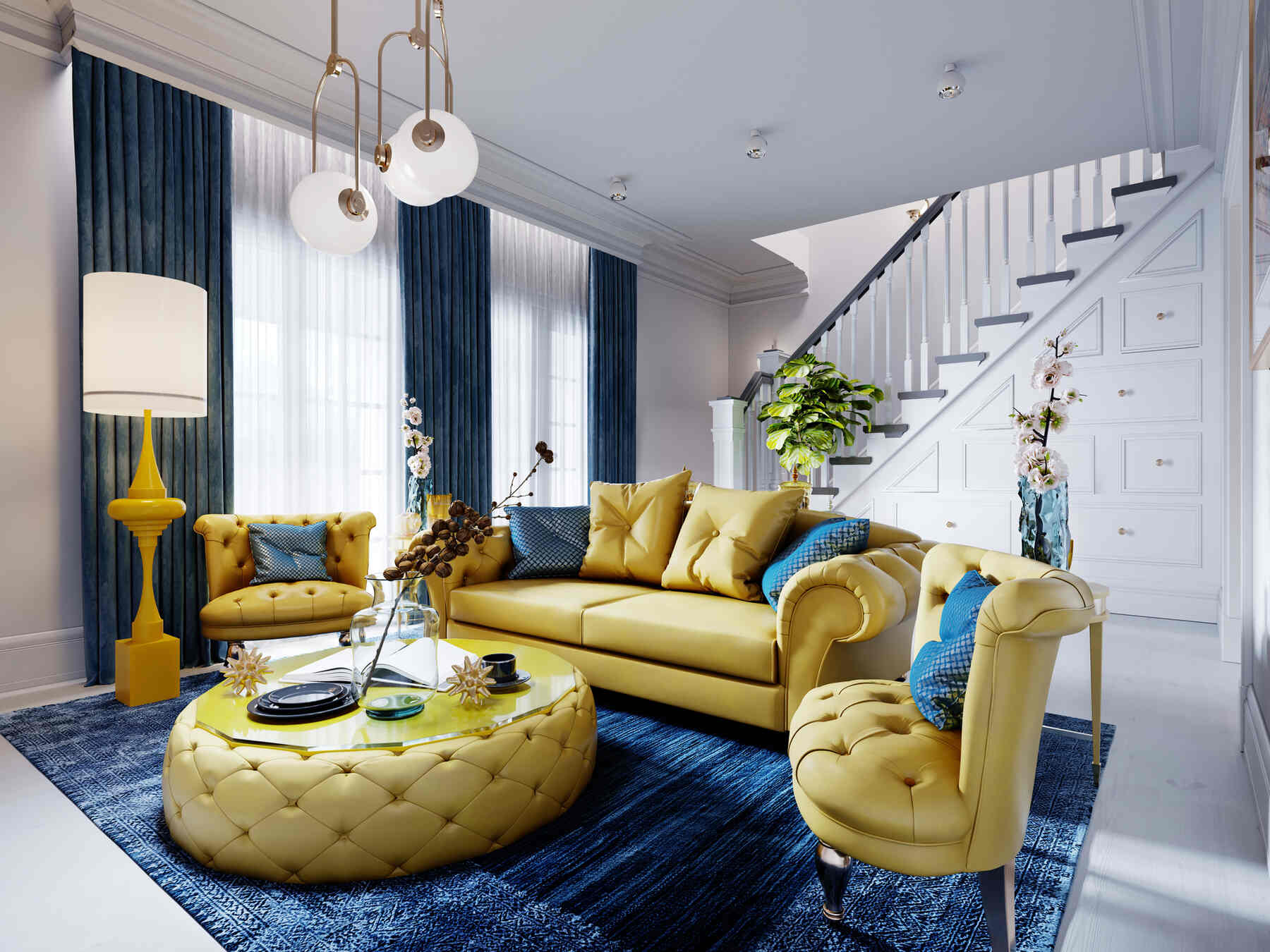 Art deco living room with yellow furniture and a blue rug