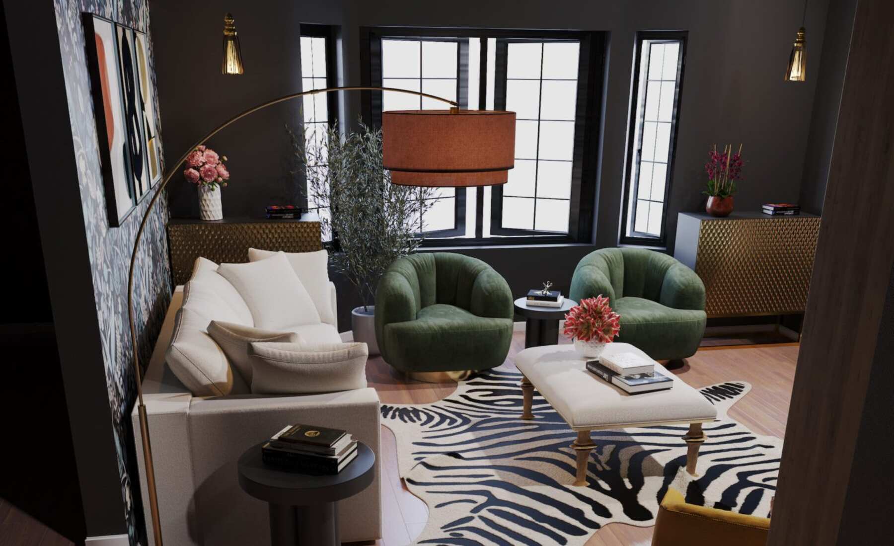 Living room with green armchairs, white sofa and a zebra print rug