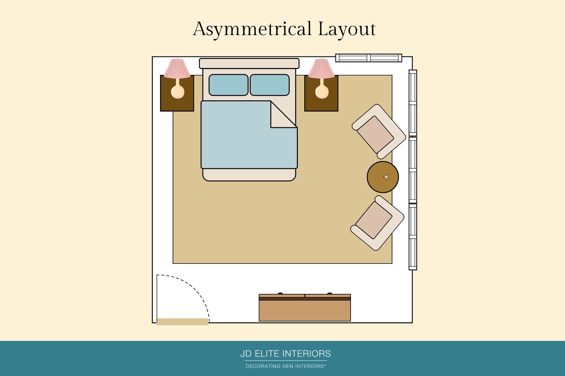 Asymmetrical design layout for a bedroom with a bed off-centered and a sitting area by the windows