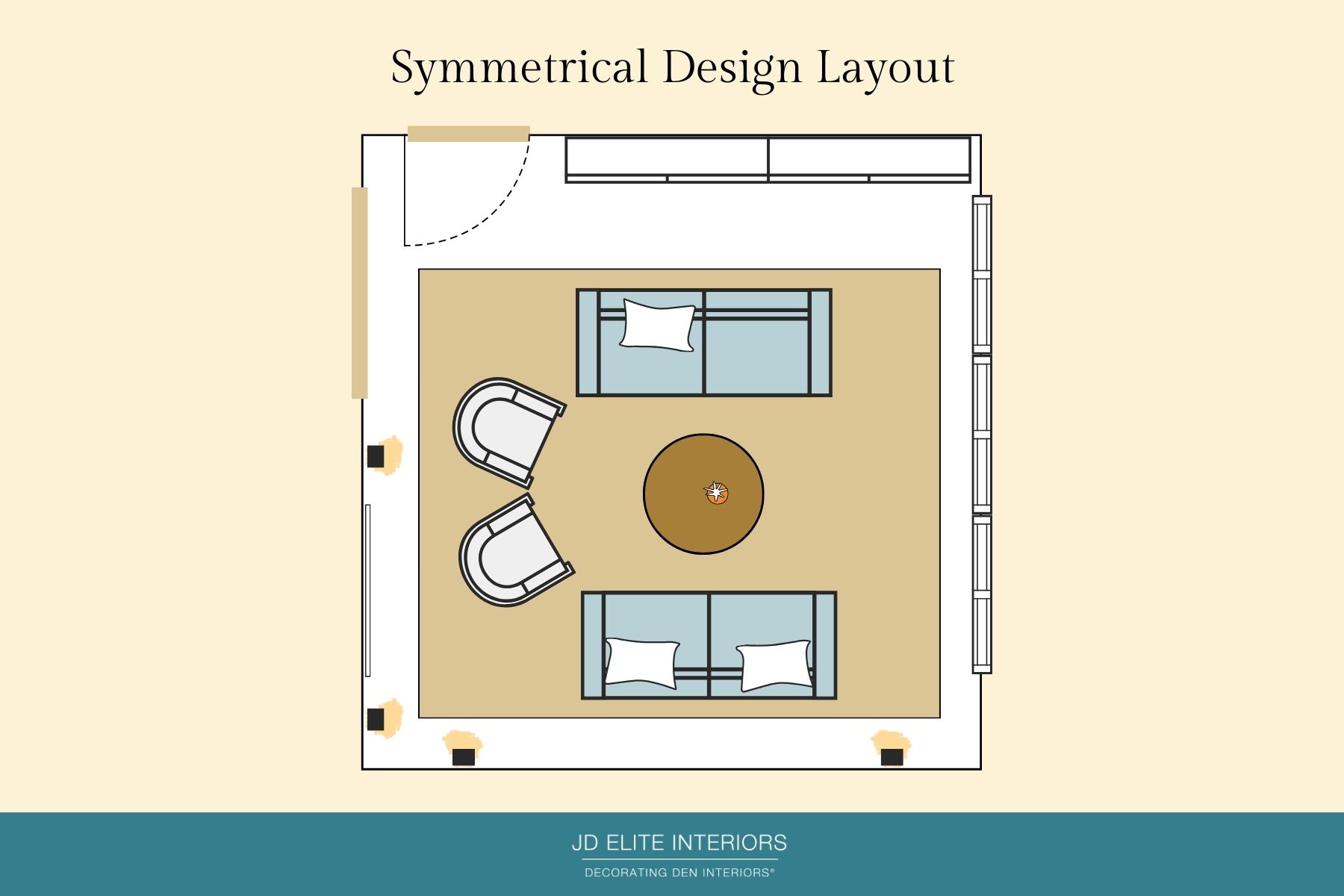 Symmetrical design layout for a living room with couches and chairs