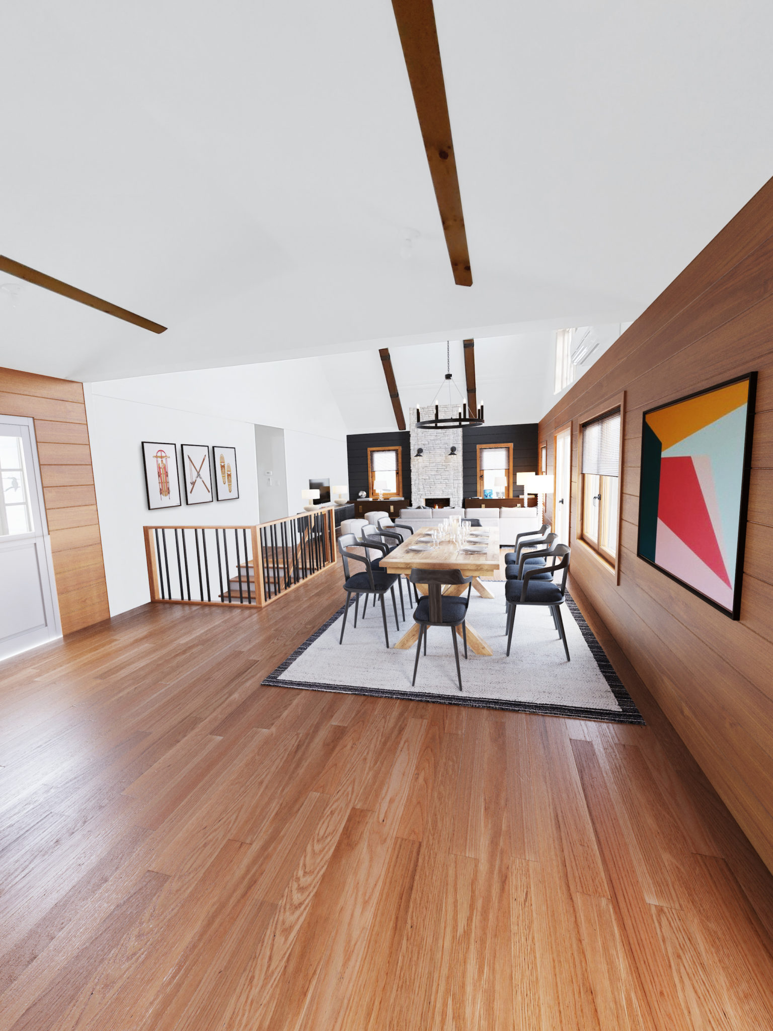 A living room with wooden-colored walls and flooring with a geometric art hanging on the wall and a dining set