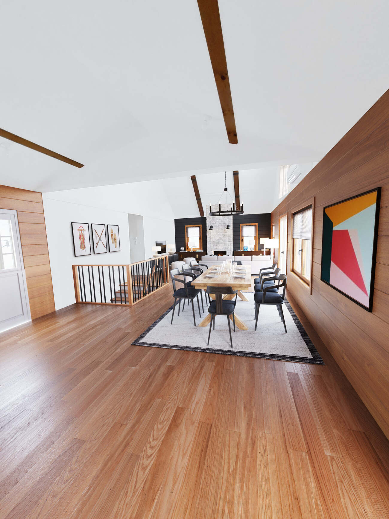 A contemporary living room with wooden floors and a dining table